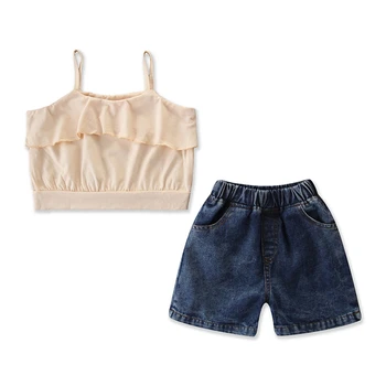 

2019 Summer Kids Toddler Baby Girls Ruffle Halter Tops+Jeans Shorts Outfits Sweet Clothes