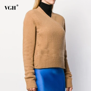 

VGH Asymmetrical Knitting Women's Sweaters V Neck Long Sleeve Thick Casual Korean Female Cardigans 2020 Autumn Fashion New