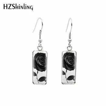

2020 New Red Black Rose Earring Flower Art Roses Rectangular Earring Printed Photo Hook Earrings Glass Dome Jewelry