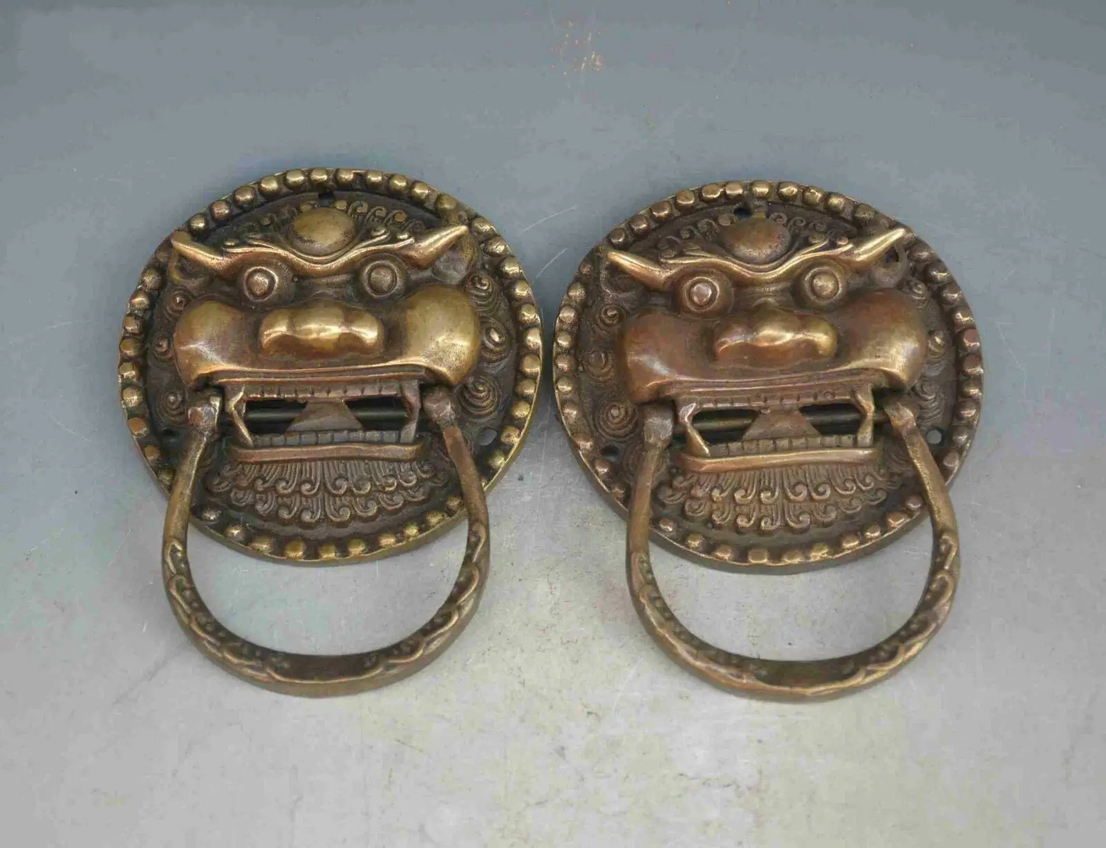 Chinese Copper Feng Shui Foo Fu Dog Guardion Lion Head Knocker Door Ring Pair | Дом и сад