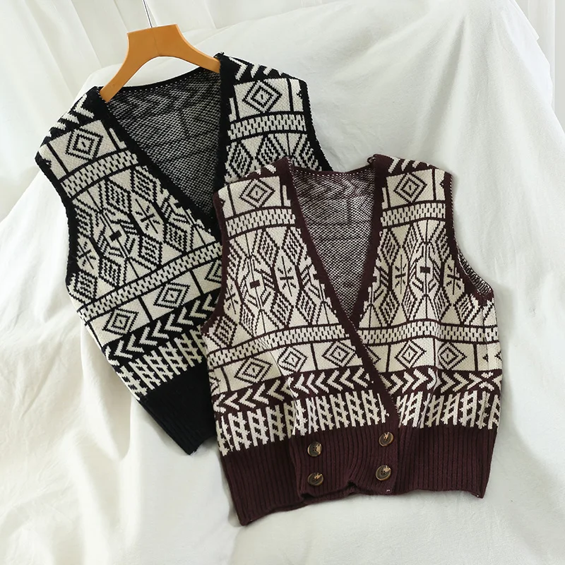 

Women's V-Neck Retro Double-Breasted Geometric Vest Knitted Sweater 2020 Autumn Winter Sleeveless Loose Vest Pull Femme