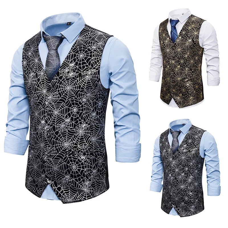 

2020 Spring New Style Men Spider Web Bronzing Printed Single Breasted Waistcoat V-neck Casual Suit Waistcoat