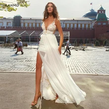 

RANMO New Boho Wedding Dresses Spaghetti Straps Chiffon Beach Wedding Gowns for Bride Side Slit Bride Dress