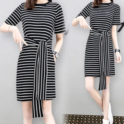 

2018 Summer Simple Solid Color Crew Neck Slim Fit Versatile Mid-length Stripe Short Sleeve Literature And Art Fresh WOMEN'S Dres