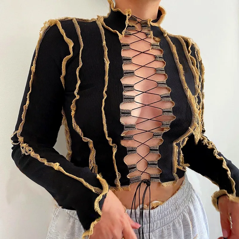 

Hollow Out Tie Front Top Women Long Sleeve Low Collar Fashion Netting Crop Tops Tees Hot 2020 Patchwork Sexy T-shirt Noble