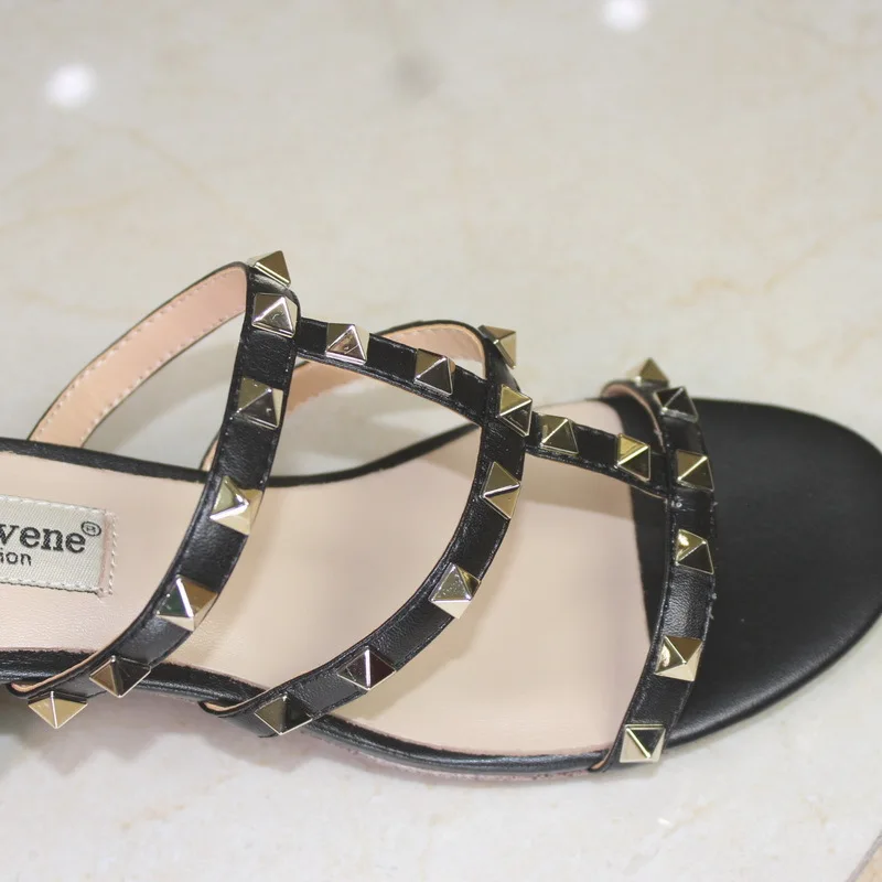 

Rivet Slipper Women's Summer Outer Wear Fashion in Chunky-Heel Sandals 2019 New Style Genuine Leather Peep-Toe A- line Slippers