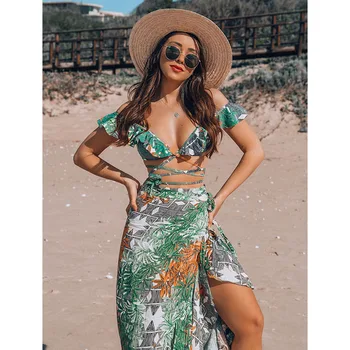 

2020 New Bikini Set Beach Skirt Tunics for Beach Long Leaves Print Bikini Cover up Robe de Plage Sarong Beach Swimsuit cover-ups
