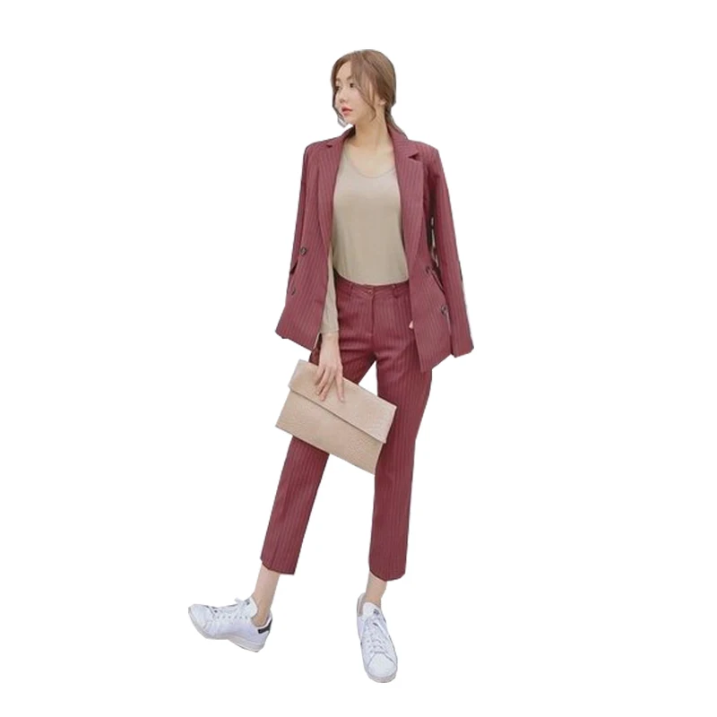en najaar nieuwe Koreaanse Slim Professional gestreepte kleine pak vrouwelijke Повседневный однобортный negen/broek twee pakken