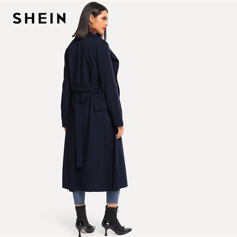 SHEIN, темно-синий свернутый рукав, двубортный с поясом, удлиненный Тренч, женское осеннее пальто с карманами, элегантная верхняя одежда для улицы