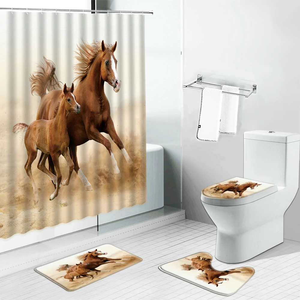 Pentium Horse Shower Curtain Equine Bath Screen Anti-slip Rug Toilet Cover Mat 