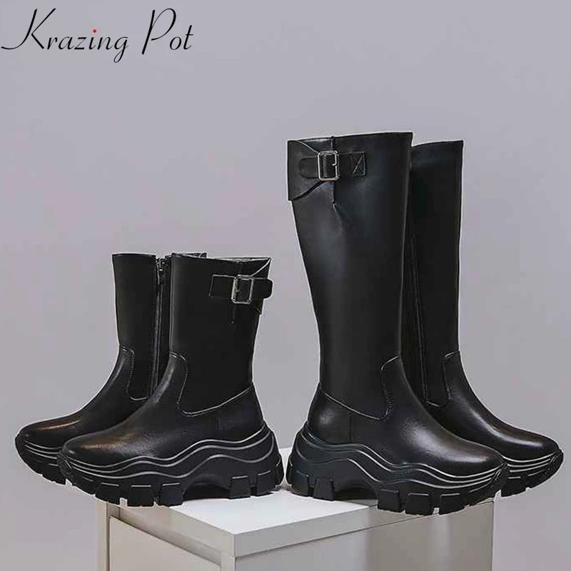 krazing pot cow leather motorcycles boots thick bottom high heels zipper metal buckle fasteners keep warm mid-calf boots L16