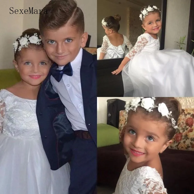 Zuiver Wit Eerste Communie Jurken Voor Prinses 3/4 Lange Mouwen Lace Top Backless Custom Made Bloem Meisje Jurk voor Bruiloft Zuiver Wit Eerste Communie Jurken Voor Prinses 3/4 Lange Mouwen Lace Top Backless Custom Made Bloem Meisje Jurk voor Bruiloft