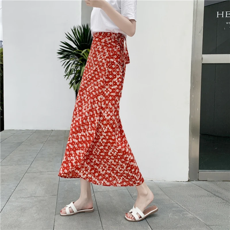 Women Bohemian Lace-up Sunscreen Skirt Irregular Split Bag Hip Various Wearing Floral Print Chiffon Holiday Long Skirt