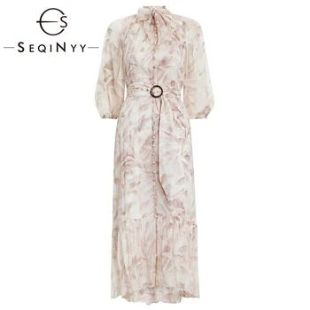 

SEQINYY Silk Dress 2020 Summer Spring New Fashion Design 3/4 Lantern Sleeve Bohemia Flower Print Chiffon Loose Midi Dress Runway