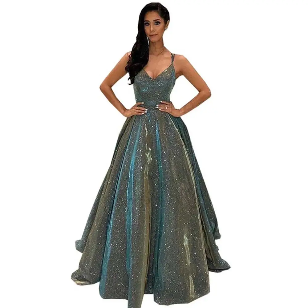 2021 Sparkly Glitter V Neck Prom Dresses Sleeveless Spaghetti Straps Criss Cross Back Formal Evening Party Gowns Robe De Soiree | Свадьбы и
