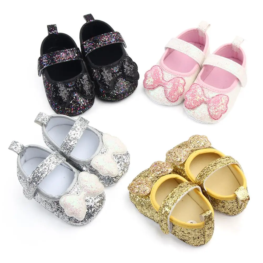  Baby Girl Shoes Solid Color Sequins Bowknot Anti Slip Flat Princess Shoes Prewalker Sneakers Baby F