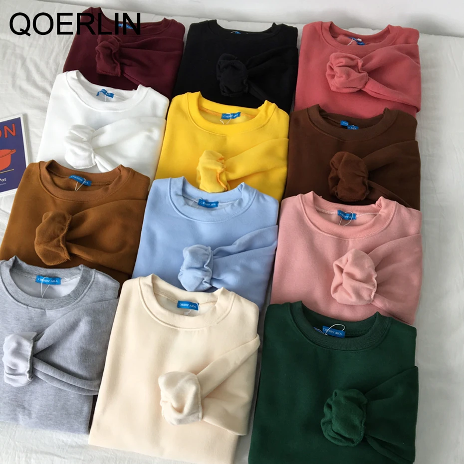 

QoerliN Candy Color Solid Sweatshirts Women Harajuku Solid Pullovers Female Solid Winter Velvet Chic Kawaii Sweatshirts Tops