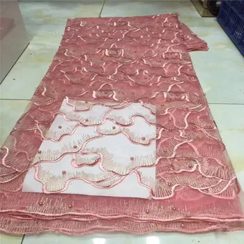 

2019 Latest French Nigerian beads pink Laces Fabric High Quality Tulle African Laces Fabric Wedding African French Tulle Lace