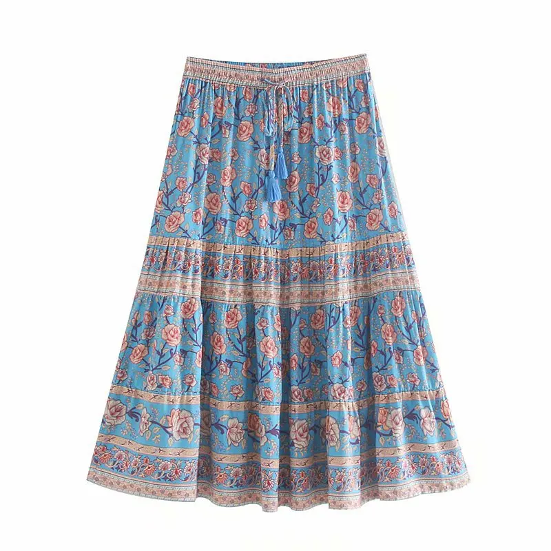 MIDI SKIRT TEELYNN юбка для женщин коричневая Цветочная печать оборки осень весна юбка Пляжная Цыганская Регулируемая Талия Сексуальная Мини юбка Falda - Цвет: MIDI SKIRT