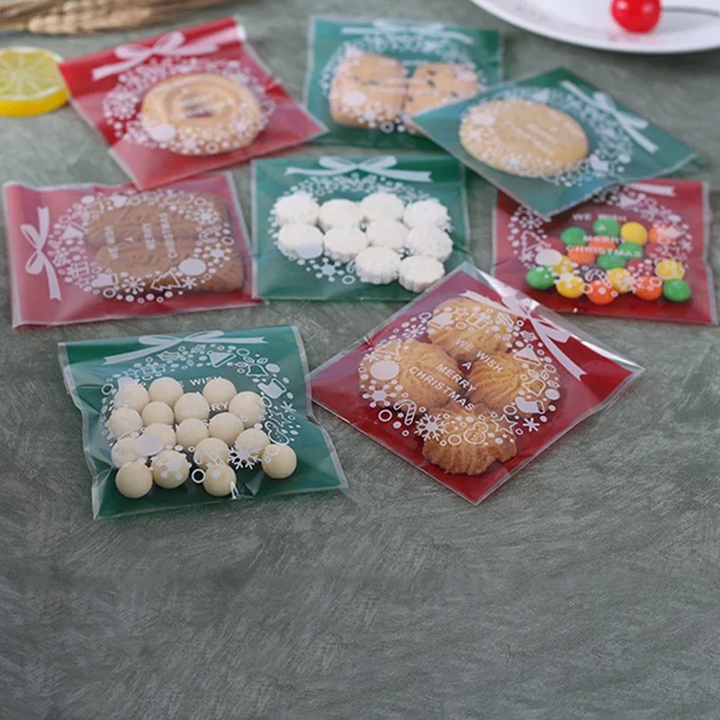 100 шт, Рождественская посылка для печенья, конфет, Подарочная сумка, сделай сам, самоклеющиеся полипропиленовые пакеты для рождества, домашняя Праздничная упаковка, украшение для выпечки