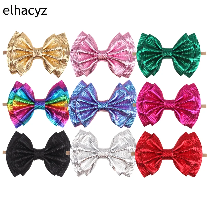 10pcs/lot Glitter 6'' Big Double Layer Hair Bow Nylon Elastic Headband Metallic Waffle Fabric Elastic Hair Band Hair Accessories lot 10pcs msc 20d multi function universal nylon pouch bag holster carry case for baofeng uv 5r bf 888s motorola walkie talkie