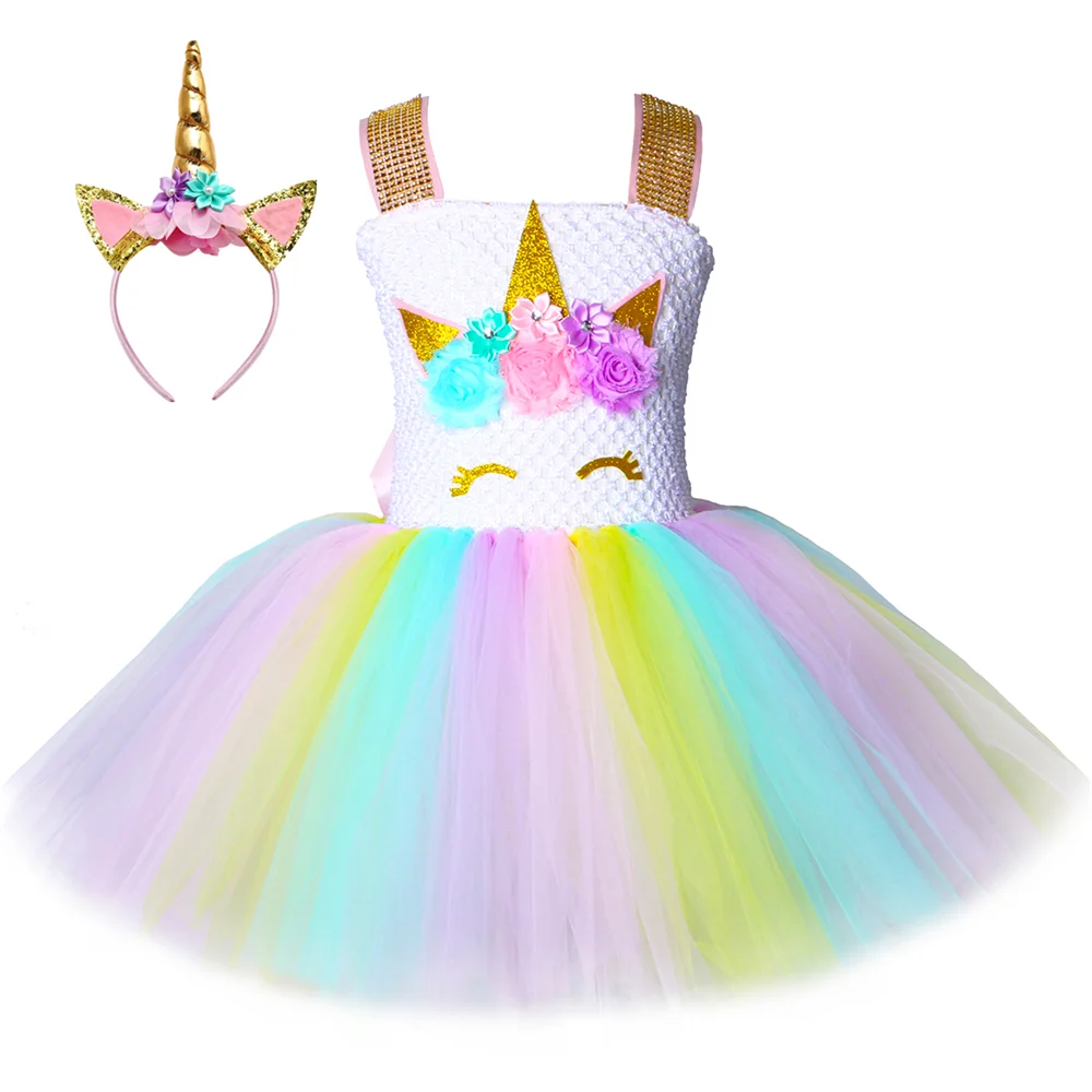 Children Girls Unicorn Tutu Dress Rainbow Princess Kids Birthday Party Christmas Halloween Pony Cosplay Costume 1-14 | Детская одежда и