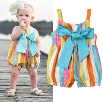 

0-24M Cute Newborn Baby Girls Sleeveless Striped Bowknot Sleeveless Bodysuit Jumpsuit Outfits Sunsuit