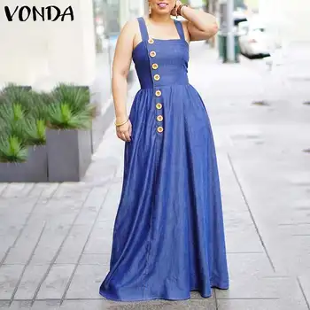

VONDA 2020 Women Dress Vintage Cotton Denim Long Maxi Strap Sleeveless Dresses Spring Autumn Long Sundress Plus Size 5XL Robe