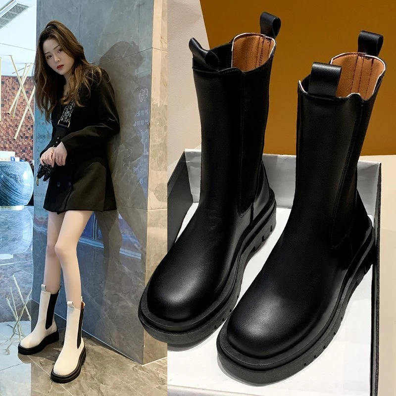 Botas de media caña con punta cuadrada para mujer, Botines Chelsea sin cordones, con plataforma y tacón grueso, color blanco, para Otoño Invierno|Botas a media - AliExpress