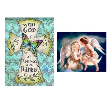 

2 Set Diy 5D Diamond Painting Full Diamond Embroidery Cross-Stitch Rhinestone Home Decor, Butterfly & Angel Boy and Girl