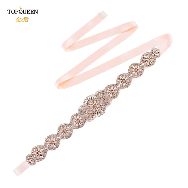 TOPQUEEN S161-RG Bridal Wedding Rose Gold Party Belts for Women Fashion Rhinestone Ribbon Fancy Sash Formal Prom Dress Belt Baby Pink Ribbon
