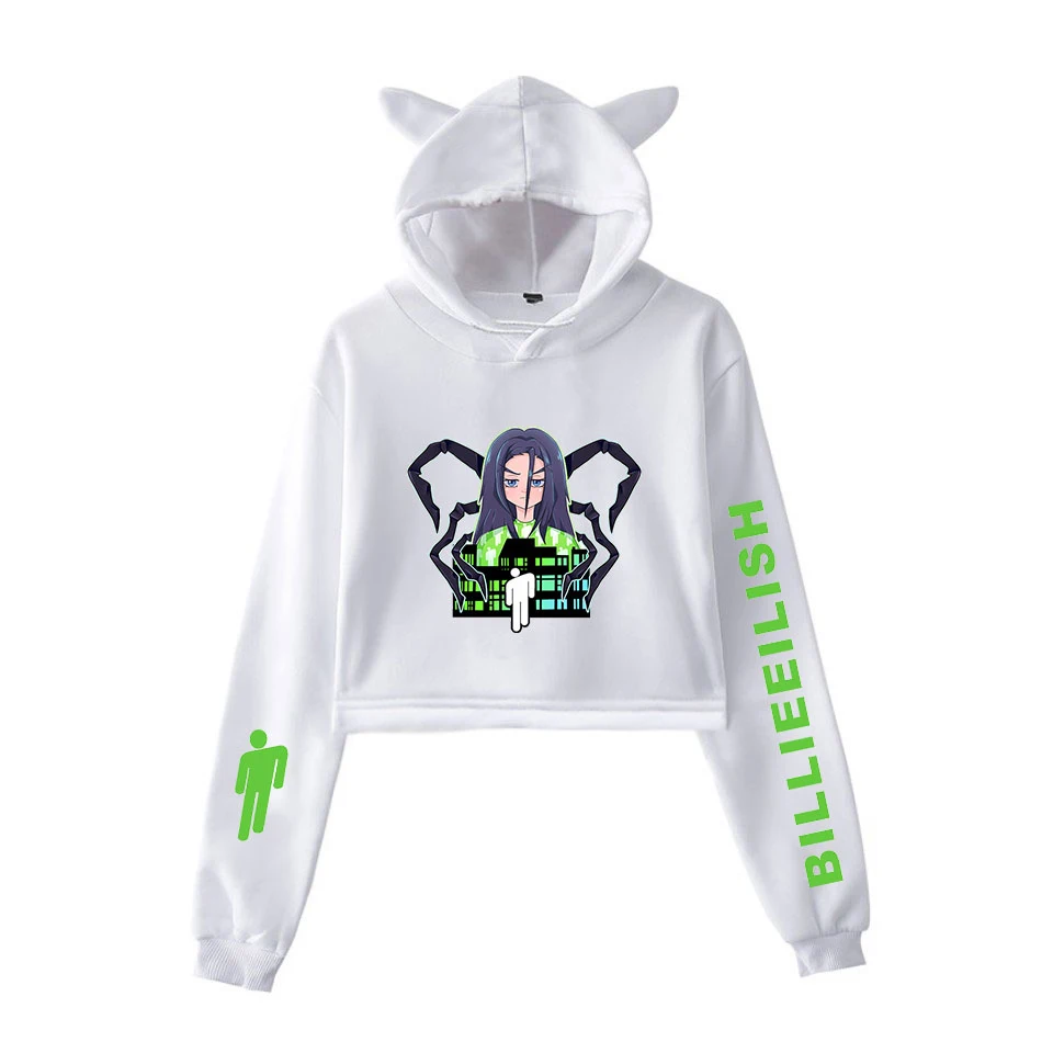 Billie Eilish kpop одежда толстовки Женская кепка с кошачьими ушками толстовки harajuku укороченный топ с капюшоном женские толстовки Толстовка Сексуальная