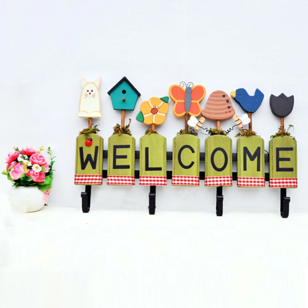 Welcoming Letter Hanging Wooden Easy Install Wall Hook Space Saving Universal Home Porch Butterfly Bee Pattern Decorative Cute