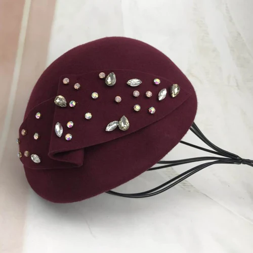 Wine Red Ручной Работы Стразы бисером Для женщин берет Кепки элегантные дамы из чистого кашемира шерсть фетровая шляпа чародей свадебные Головные уборы Коктейльные Вечерние - Цвет: Wine Red