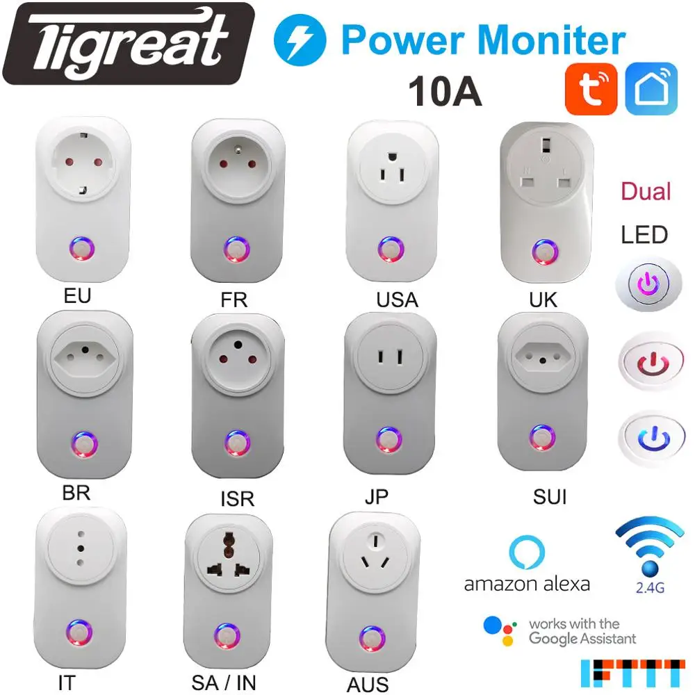 EU Wifi розетка умная WIFI Таймер пульта ДУ Power Monitor 10A Беспроводная с голосовым