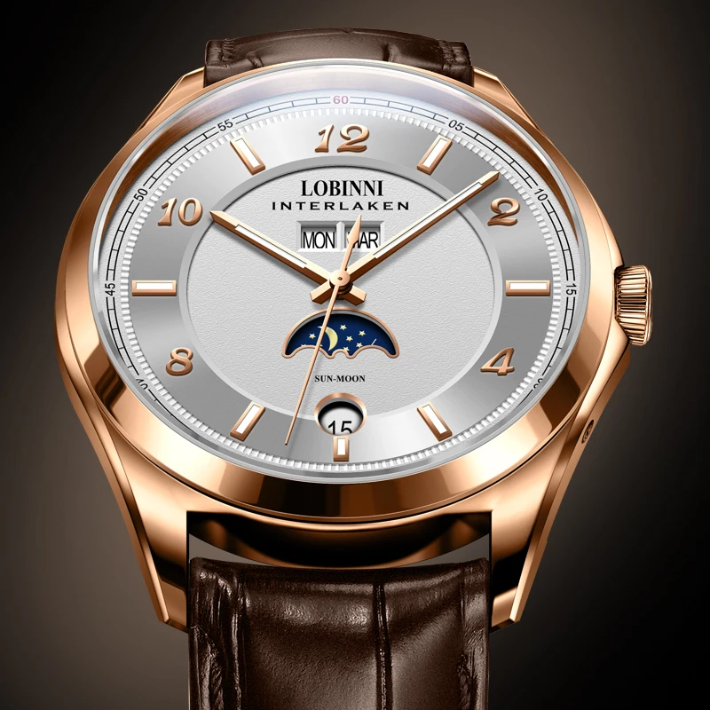 LOBINNI メンズ ステンレススチール ドレス メカニカル 自動巻き カレンダー ラグジュアリー アナログ時計 ビジネス (シルバー・ホワイト-L) 並行輸入品