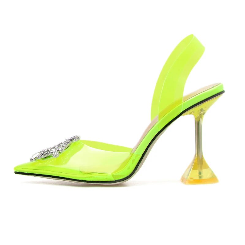 

2019 Women 10cm High Heels Strap Sandals Sexy Summer Luxury Strange Heels Neon Yellow Pumps Female Transparent Crystal Shoes