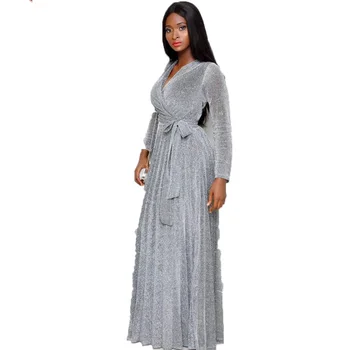 

Long Sleeve Women African Dress Sparkly Glitter Dashiki Maxi Dress Sexy V Neck Evening Party Robe Floor Length Gown Big Swing