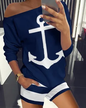 

Boat Anchor Print Striped Top & Shorts Set Casual Homewear 2 Piece Outfits for Women Loungewear
