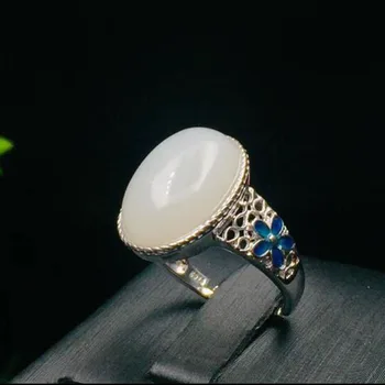 

Original Design Natural Hetian White Jade Oval Mosaic Of Blue Flowers Ring 925 Silver Rings For Women Fine Jewelry