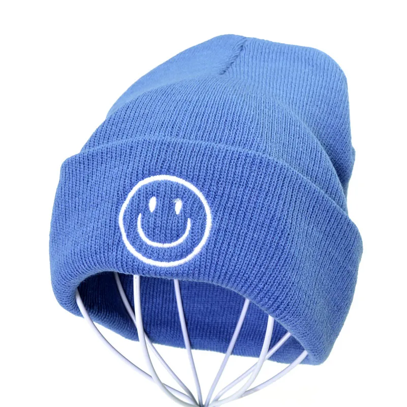 Smiley face Beanie женские и мужские хлопковые шапки-бини, одноцветная хип-хоп Skullies, зимние трикотажные изделия, вязаная шапка унисекс