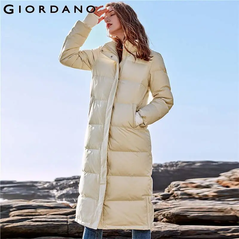 Giordano Женская куртка с капюшоном 90% гусиного пуха длинное двухстороннее пальто