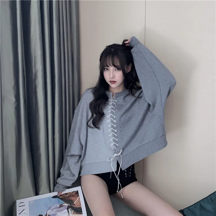casual hoodies women fashion brand loose new autumn style bandage o-neck pullovers Korean sweatshirt gray hot moda feminina