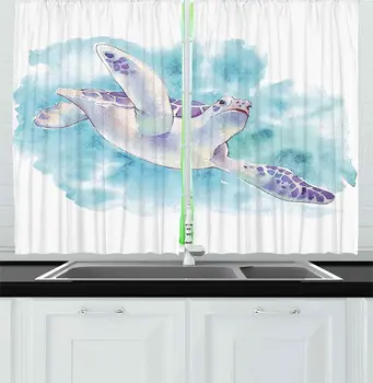 

Turquoise Lilac Ocean Kitchen Curtains Turtle Swimming Sea Underwater Brushstroke Hazy Blurry Soft Watercolor Design