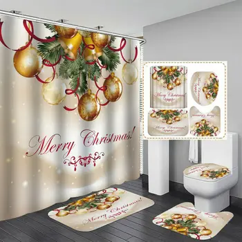 

Christmas Bath Bell Santa Curtain Bathroom Carpet Set Anti-slip Shower Mat Absorbent Toilet Rug Foot Mat Washable Bath Mat Set
