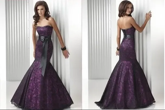 

Strapless Long Mermaid Purple And Black Lace robe de soiree Evening Prom gown With belt 2018 mother of the bride dresses