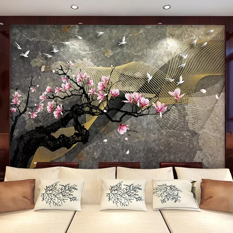 

Photo Wallpaper Chinese Style 3D Stereo Magnolia Flower Bird Abstract Classical Ink Landscape Murals Living Room Study Stickers