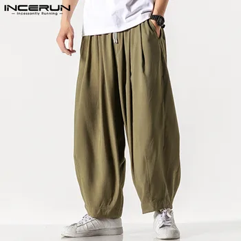 

2020 Men Casual Wide Leg Pants Loose Joggers Plain Drawstring High Street Trousers Pockets Fashion Male Harem Pants INCERUN 5XL