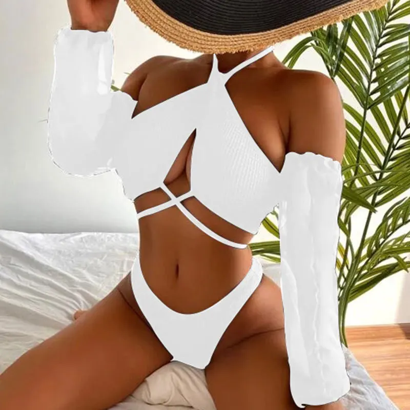 red bikini set Sexy Long Sleeve 3 Piece Bikini Set Women Solid Black High Cut Bandage Cross Swimsuit Beach Bathing Suit Thong Swimwear Biquini string bikini set