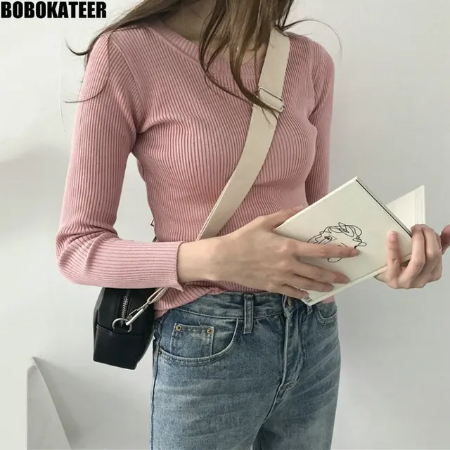 US $7.58 BOBOKATEER Pink Knitted Sweater Women Clothes Black Slim Pullover Tops Casual White Winter Thin Swe